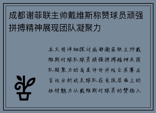 成都谢菲联主帅戴维斯称赞球员顽强拼搏精神展现团队凝聚力 成都谢菲联主帅戴维斯称赞球员顽强拼搏精神展现团队凝聚力