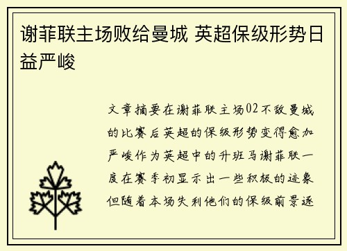 谢菲联主场败给曼城 英超保级形势日益严峻 谢菲联主场败给曼城 英超保级形势日益严峻