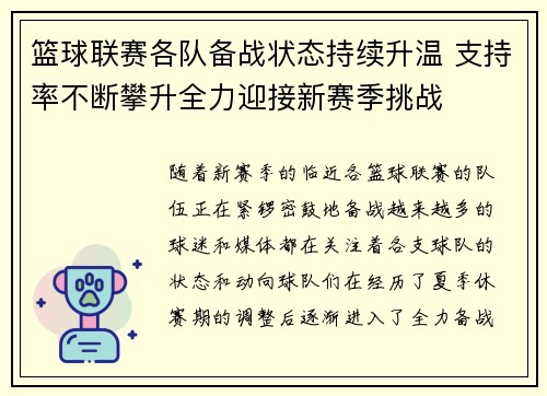 篮球联赛各队备战状态持续升温 支持率不断攀升全力迎接新赛季挑战