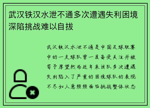 武汉铁汉水泄不通多次遭遇失利困境深陷挑战难以自拔 武汉铁汉水泄不通多次遭遇失利困境深陷挑战难以自拔