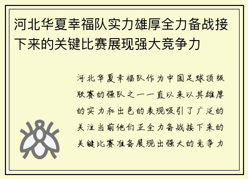 河北华夏幸福队实力雄厚全力备战接下来的关键比赛展现强大竞争力