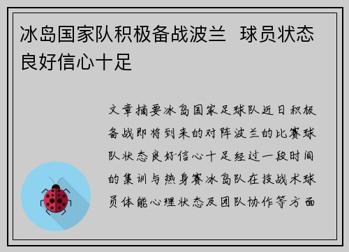 冰岛国家队积极备战波兰  球员状态良好信心十足